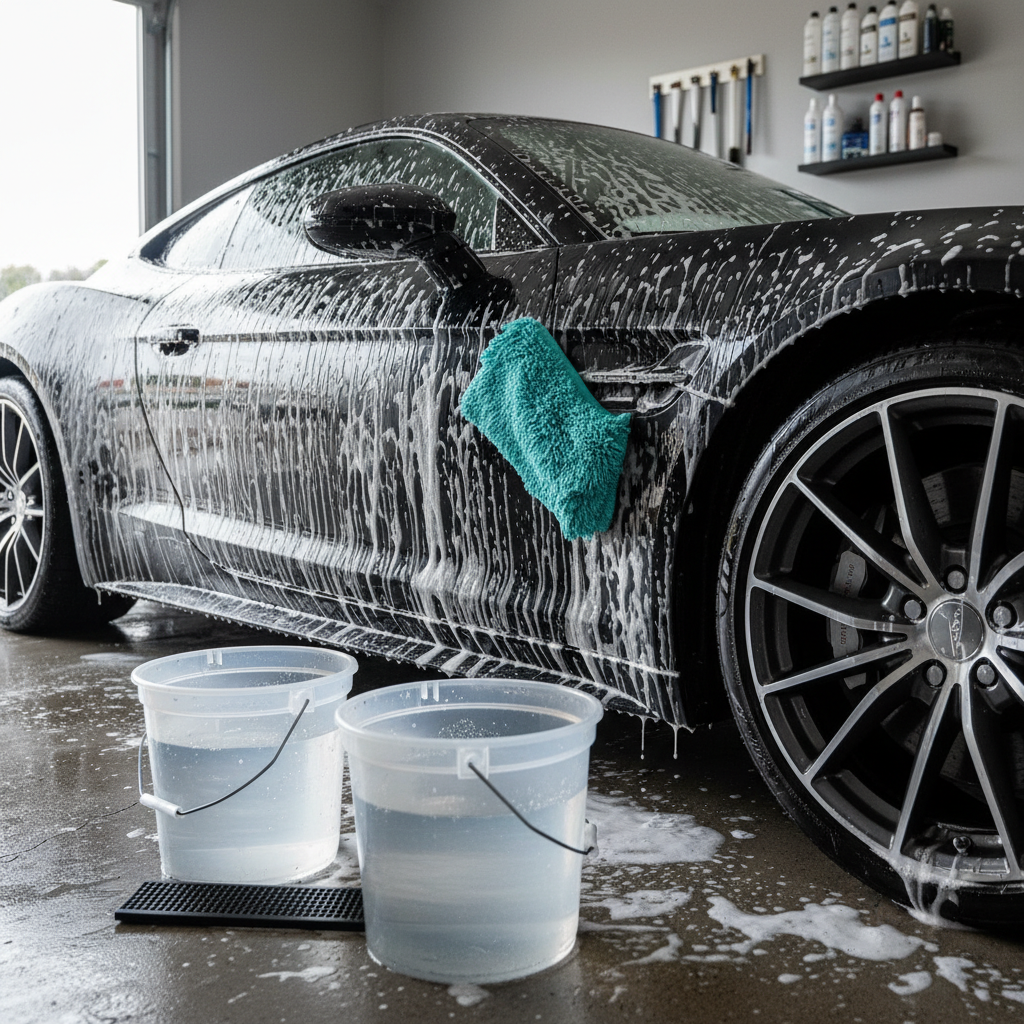 Auto krasvrij wassen met two bucket method: twee emmers en een zachte microvezeldoek op een zwarte auto