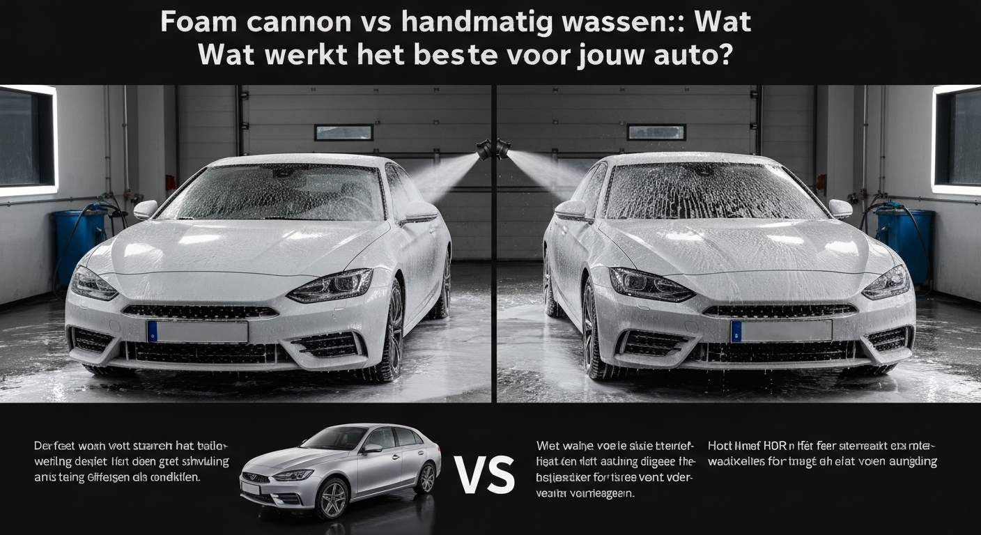 Foam cannon spuit dik schuim op een auto tijdens het wassen, vergeleken met handmatig auto wassen met microvezel washandschoen