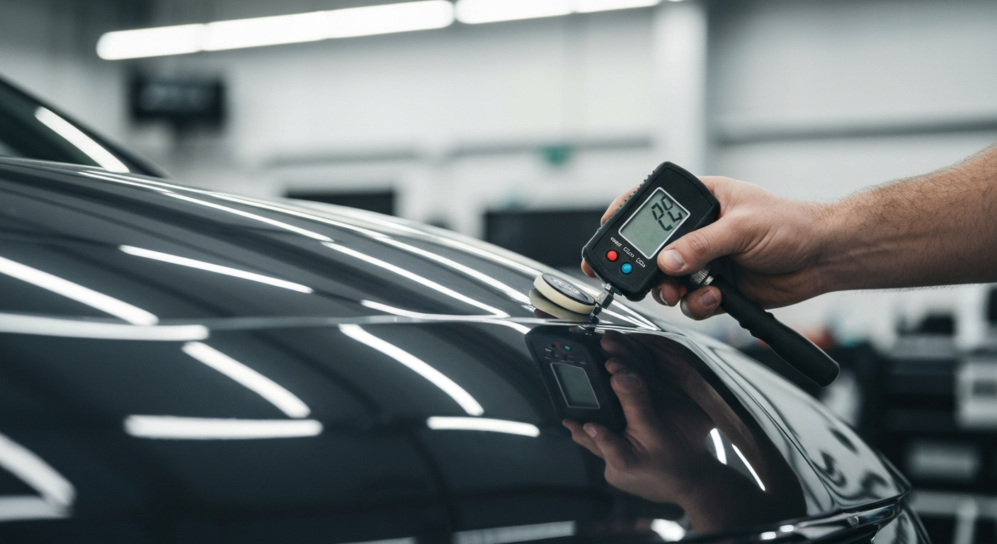 Lakdikte meten op autocarrosserie met lakdiktemeter — µm-waarden uitlezen tijdens autodetailing
