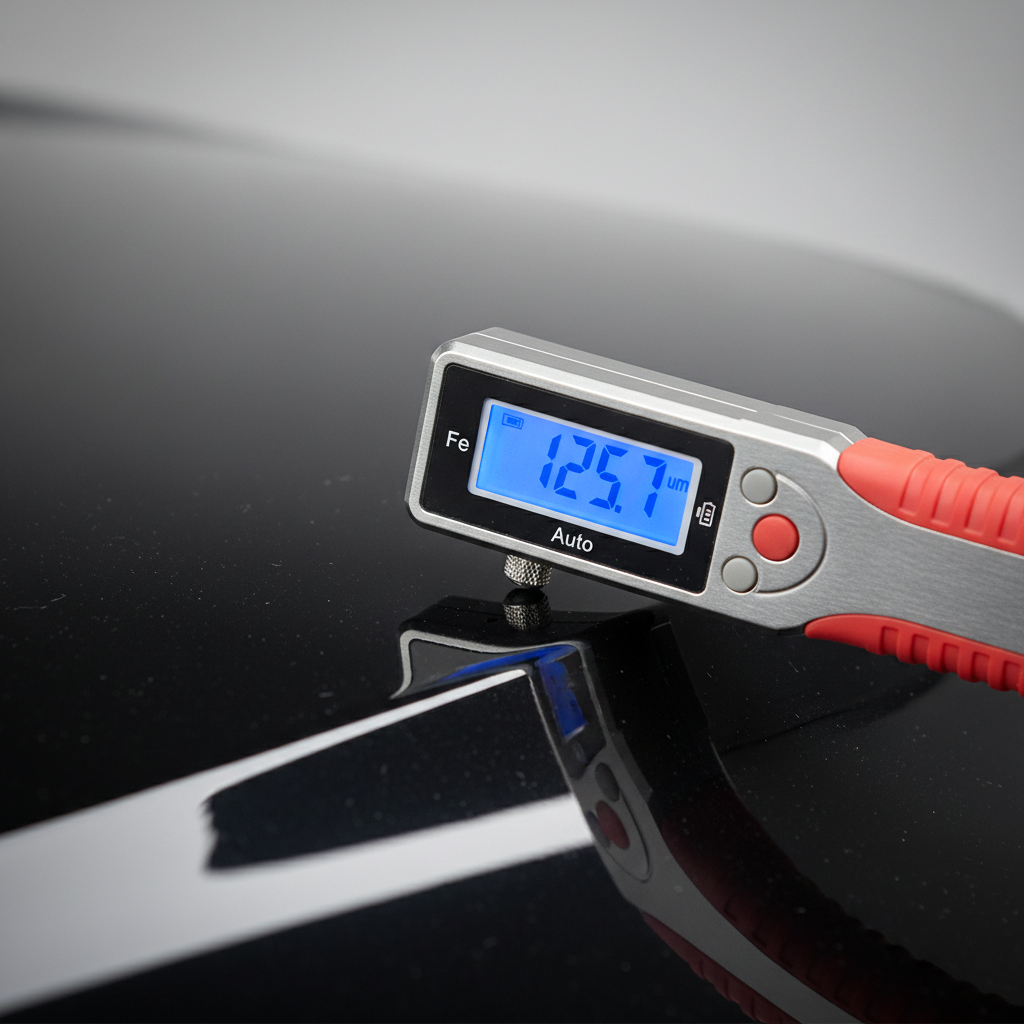 Lakdikte meten op een autocarrosserie met een digitale lakdiktemeter — close-up van het display met µm-waarde